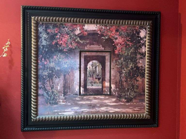 Beautifully framed oil on board garden and fountain scene print….approx. 52-1/2 x 45-1/2 image