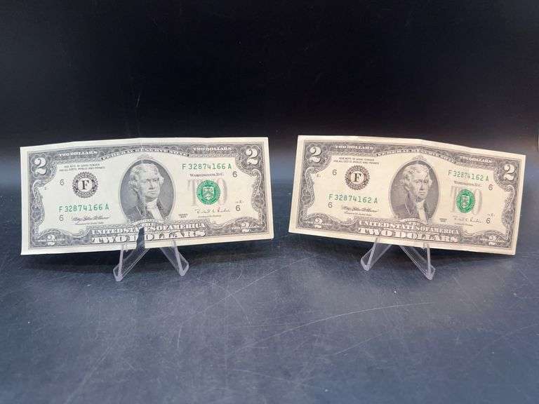 (2) Green Seal 1995 Series $2 Federal Reserve Note…..both are torn image