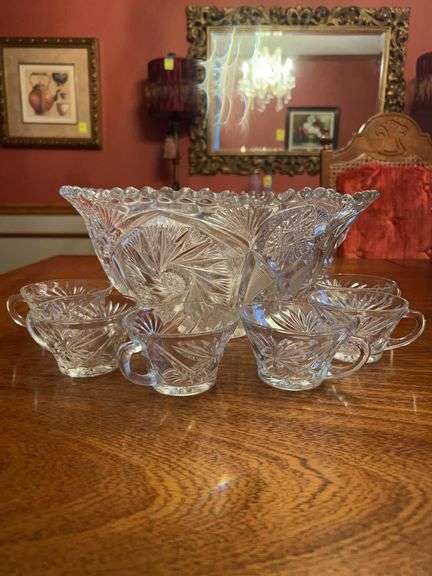 Vintage Round Pressed Glass Daisy Motif Punch Bowl Set With 23 Handled Cups image