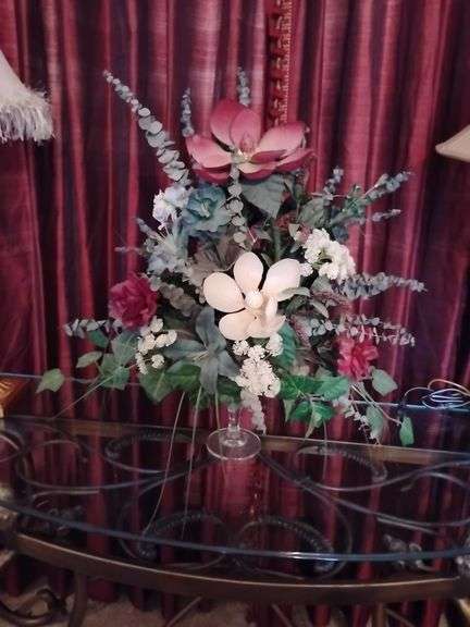 Gorgeous artificial floral centerpiece in clear glass pedestal compote with diamond pattern... Approx. 24" tall image