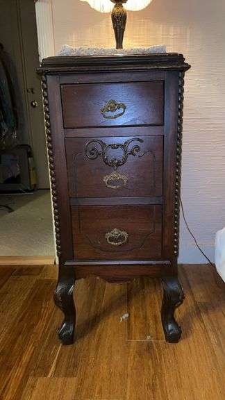 Antique mahogany tall skinny 3-drawer nightstand…..14 x 18 x 33-1/2 tall…..OTHER CONTENTS NOT INCLUDED image