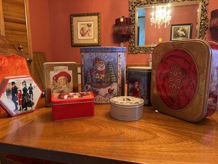 Grouping of holiday tins in various shapes and sizes image