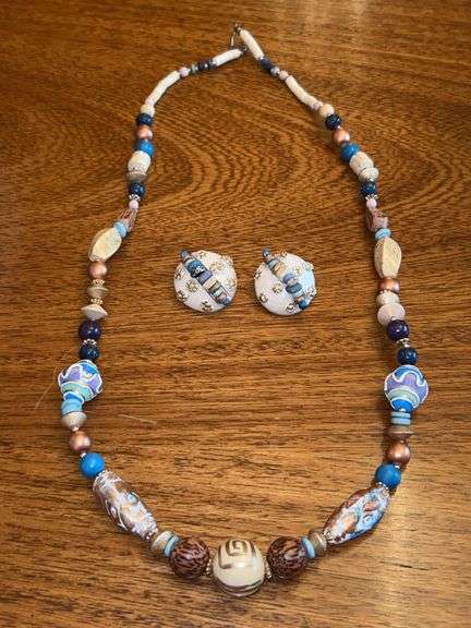 Colorful wood bead necklace with matching clip-on earrings image