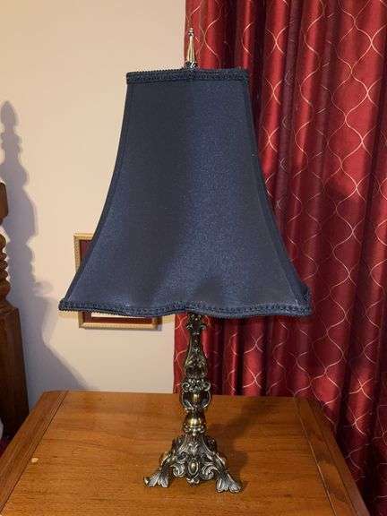 Nicely designed brass base lamp with elegant scalloped edge navy blue shade…..25-1/2” tall image