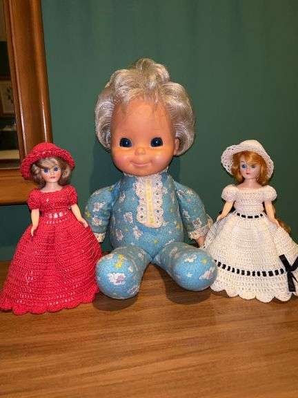 Vintage Mattel Baby Love Light (needs batteries) and (2) dolls with pretty hand crafted dresses and hats image