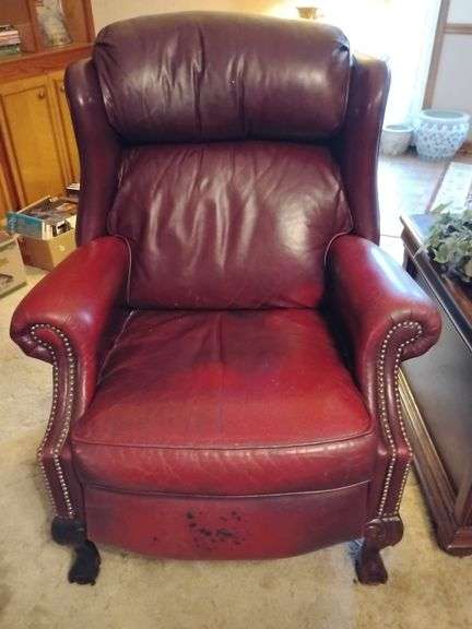 Bradington-Young maroon/red leather manual recliner with ball & claw front feet...33 1/2w x 20 deep x 42 tall...does show wear but lots of life left image
