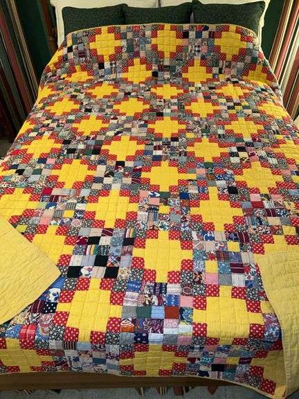 Vintage Full Size Hand Stitched Patchwork Quilt…..staining on reverse side (see pics) image