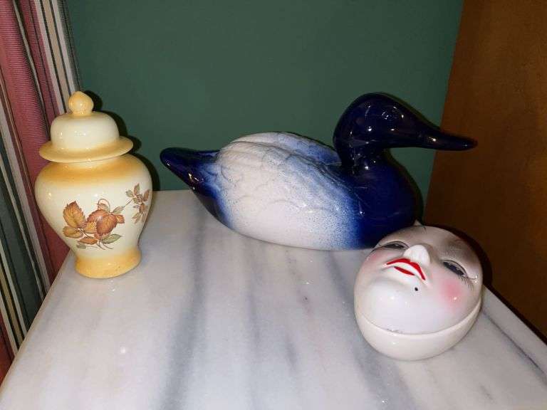 Grouping of 7 very nice high glaze ceramic pieces….blue/white duck is 12 long x 5-1/2 tall, lidded ginger jar is 6” tall and lidded mask trinket box is 3” tall…..see all pics - more items added image