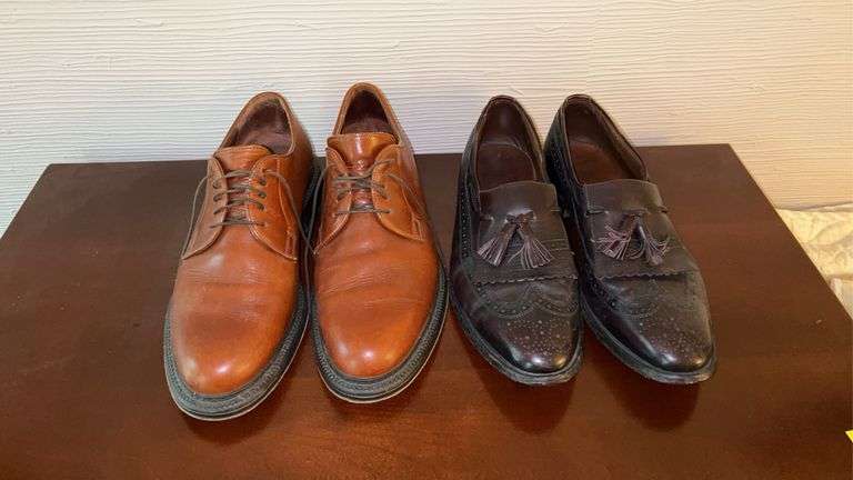 2 pair of men’s used quality dress shoes….left are Antica Cuoieria Brown Leather Oxfords (size 11D) and right are Allen Edmonds chocolate loafers (10-1/2D) image