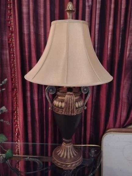 Very nice resin urn-style lamp with silk like tan shade and pineapple finial...30-1/2 tall image