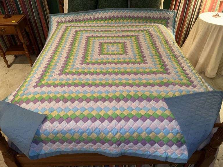 Beautiful “Postage Stamp” machine sewn full size quilt….OTHER CONTENTS NOT INCLUDED image