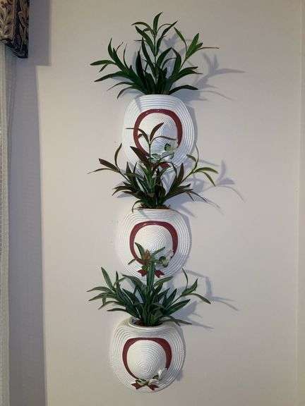 Set of (3) ceramic hat wall planters with artificial greenery…..each is 7-1/2w x 7-1/2 tall image