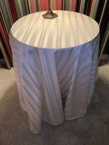 20” round wood side table with very nice custom cream color cover…..LAMP NOT INCLUDED image