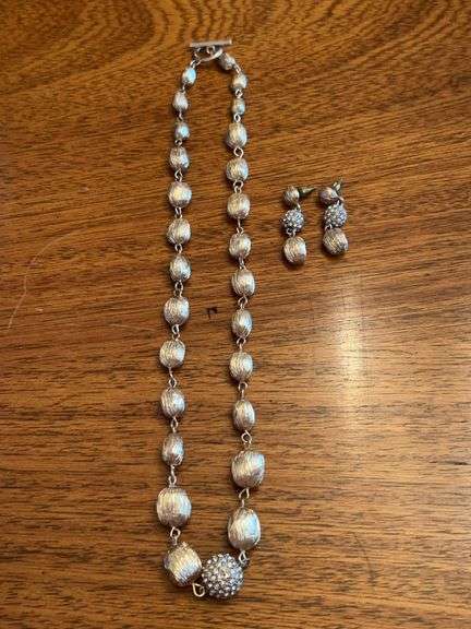 Vintage brushed gold tone heavy beaded necklace with rhinestone orb….comes with matching post-back earrings image