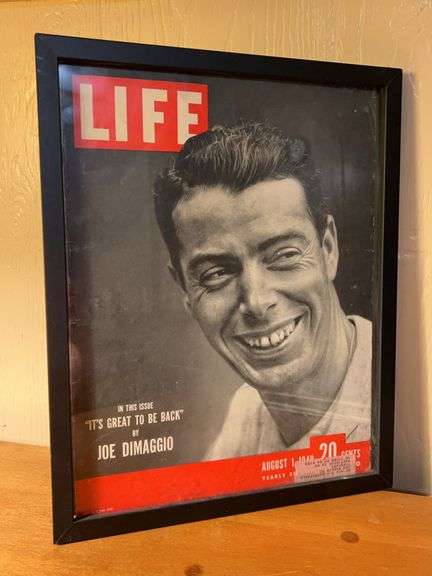 Framed copy of LIFE magazine depicting Joe DiMaggio cover image
