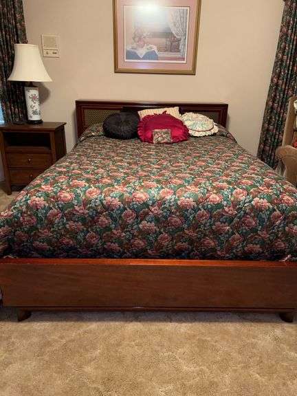 MCM American brand full size bed with mahogany bookcase headboard, mahogany footboard andALL linens (including firm mattresses) image