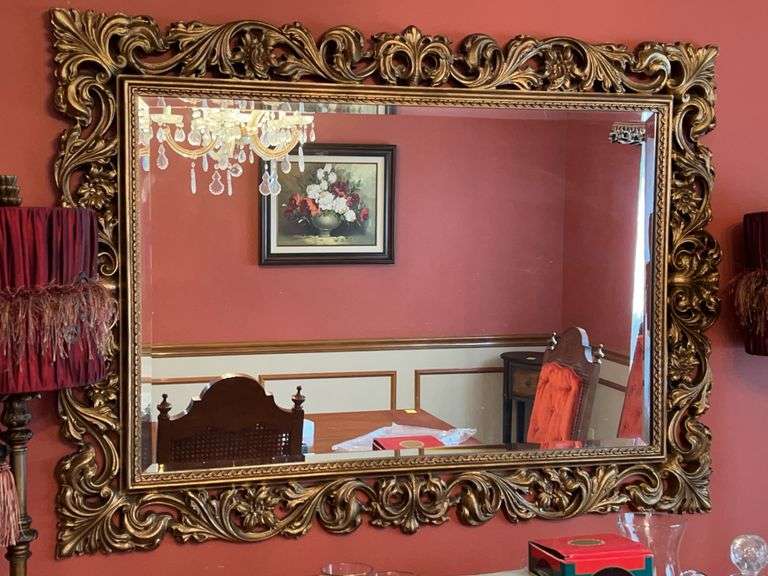 Incredible looking gold gilt framed beveled mirror…..45 x 33 image