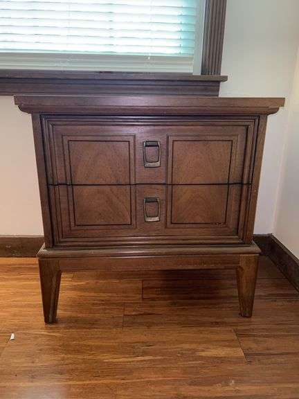 Dixie MCM 2-drawer nightstand….24-1/4 x 15 x 24-1/4 tall…..veneer is peeling on one small spot on top back (see pics) image