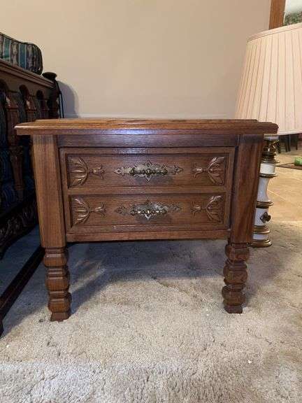 Very nice MCM wooden end table with intricately carved top, glass overlay and single drawer…..22-1/4 x 27-3/4 x 19-1/2 tall image