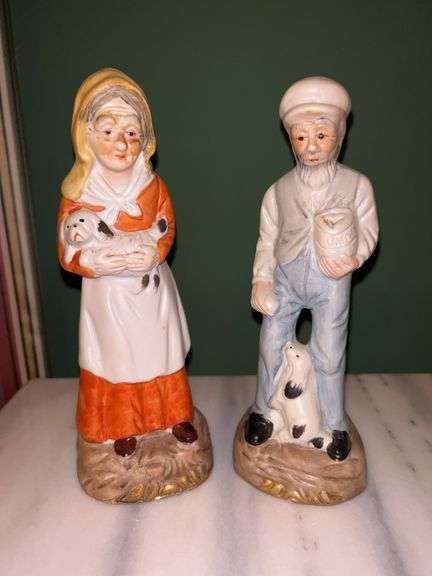 Vintage Bisque Porcelain Old Man & Woman Farmers with Dogs Figurines…..8-1/4” tall image