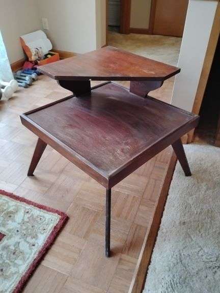 Vintage MCM 2-tier side table...22-1/2" square x 22 tall...does show quite a bit of wear image