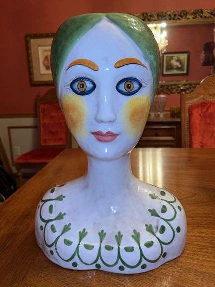 Horchow Collection Italian Hand Painted Ceramic Female Head Bust Planter Vase…..11” across x 16” tall image