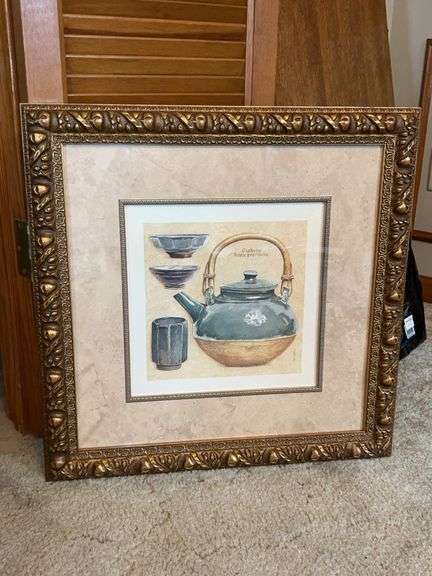 Beautifully framed and matted Asian print of teapot and cups…..Gyokuto ‘Roses precieuusc’…..signed L. David…..21-1/2 square image