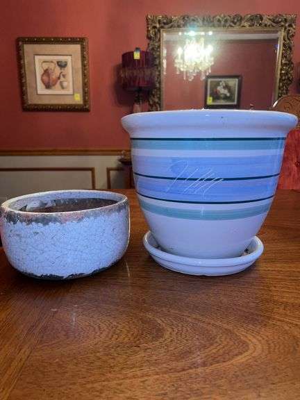 (2) ceramic planters…..smaller is 8”D x 4-1/2” tall and larger is 10-3/4”D x 9-1/2” tall image