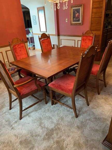 Vintage Sears MCM solid wood dining table with (6) MCM Hibriten Furniture chairs…..1 captains chair and 5 side chairs….also comes with 1 leaf and felt-back cover…..leaf is 18”w image