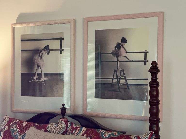 Pair of precious ballerina prints in soft pink ribbed frames…..big shoes to fill…..24-1/2 x 30-1/4 image
