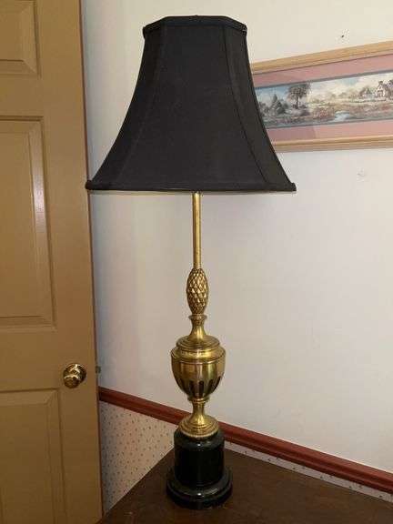 Beautiful brass trophy-style base lamp with black cloth shade and 3-way switch…..36-3/4” tall image