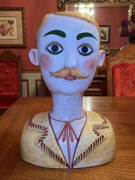 Horchow Collection Italian Hand Painted Ceramic Male Head Bust Planter Vase…..11” across x 16” tall image