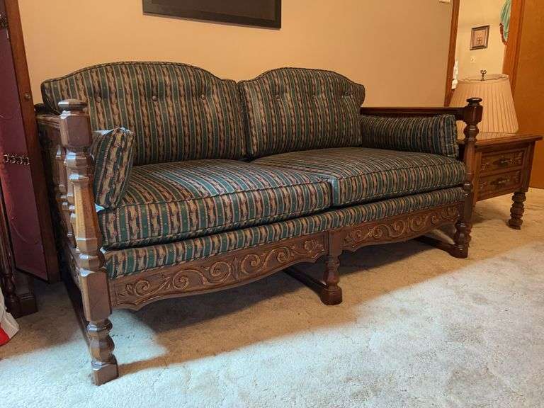 Vintage MCM wood frame 2-seater sofa with custom upholstery…..60-1/2 x 22 x 26-1/2 tall image