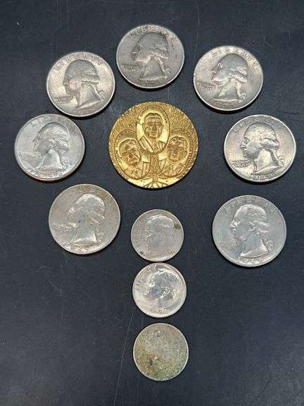 Grouping of regular quarters, dimes and a Vintage 1940 Golden Anniversary medallion/coin Woodmen of The World, 1890-1940 image