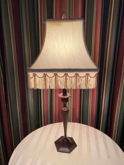 Gorgeous metal candlestick base lamp with beautiful Silk-O- Lite tasseled shade….21-3/4” tall image