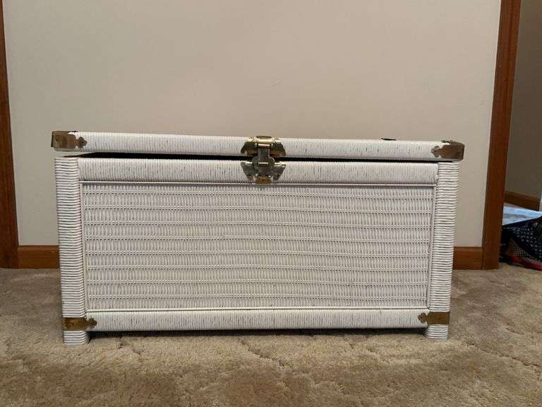 Vintage wood and white wicker trunk with brass accents…..32 x 18 x 16-1/2 image