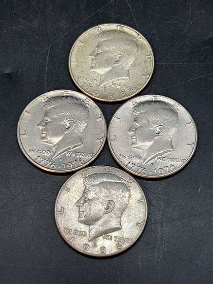 (4) Kennedy Half Dollars…..1968-D (40% silver), 2 Bicentennial and 1986-D image