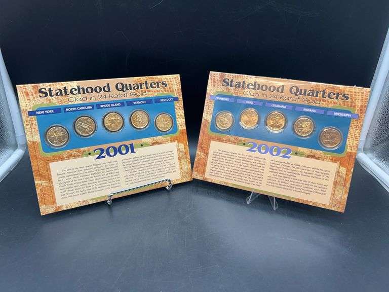 2001 and 2002 Statehood Quarters Clad in 24K Gold with COA printed on display card….each card lists information about each state as well as image