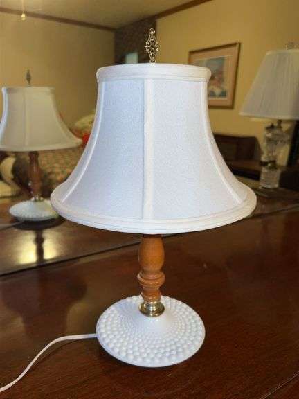 Vintage hobnail milk glass and wood base lamp with flared shade and brass finial…..14-1/4 tall image