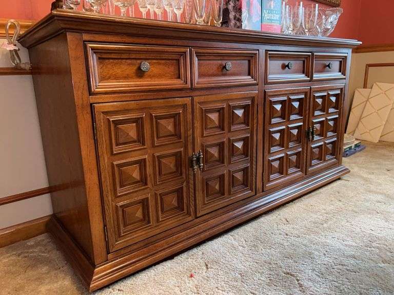 MCM Brutalist-style sideboard or buffet featuring distinctive paneled doors with a geometric, block-like pattern and 4 drawers image