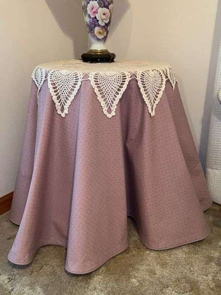 Wooden tri-pod table with custom mauve colored cover and hand crafted overlay…..20”D x 25” tall image