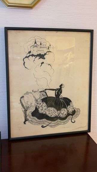 Vintage boudoir print of lady dreaming of her castle…..does show age…..16-3/4 x 20-3/4 image