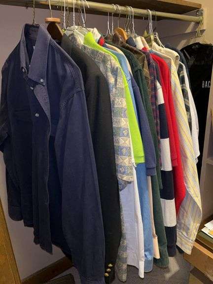 Contents of left side of upstairs closet…..men’s shirts in sizes M/L/XL/XXL….brands include Columbia, Ralph Lauren Polo, Roundtree & York, Club Room, Brooks Brothers and  Hilfiger image