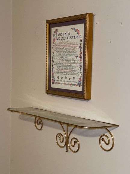 Gold tone glass wall shelf and wall art…..shelf measures 18-1/2 x 5-1/2 x 5 tall image