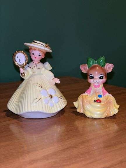 Josef Originals Mouse Village figurine (3” tall) and Josef’s Original girl holding mirror (streamer in bow on back is broken….3-3/4” tall) image