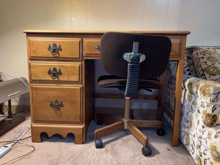 Vintage wood desk and office chair…..middle drawer is stuck and will not completely open….40 x 20 x 30 tall image