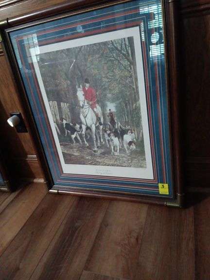 Fox Hunt Picture 27x32 Nice Frame with Brass Corners