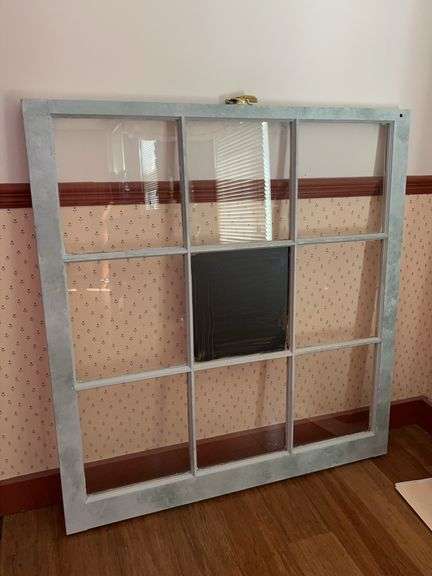 Vintage single window pane that has center chalk painted area (needs touched up) and other panes to be used for photos or other ideas…..36 x 37 image