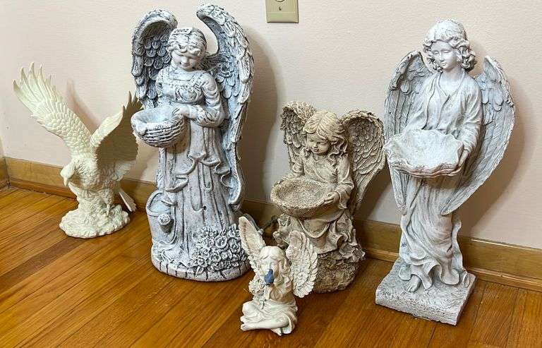 Lot of Angel Bird Baths and Eagle Statue