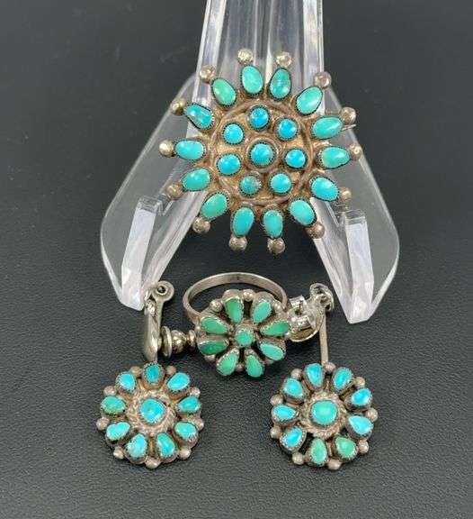 Turquoise Earrings with Matching Ring & Broach Pin image